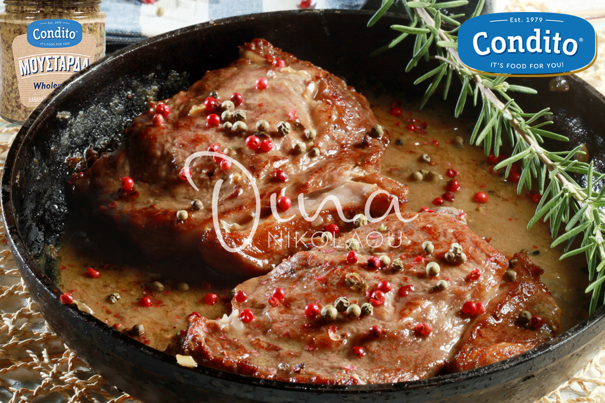 [:el]Μοσχαρίσιες μπριζόλες στο τηγάνι με σάλτσα μουστάρδας[:en]Beef steaks in the pan with sauce[:]